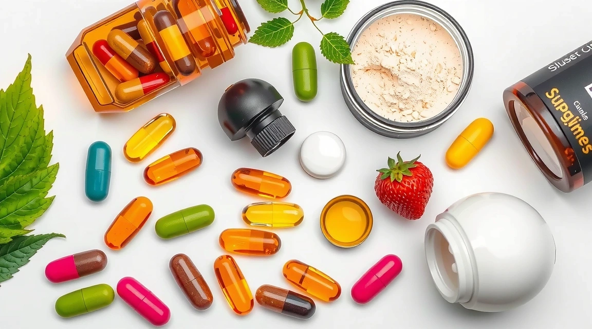 Una variedad de suplementos alimenticios en cápsulas y polvos.