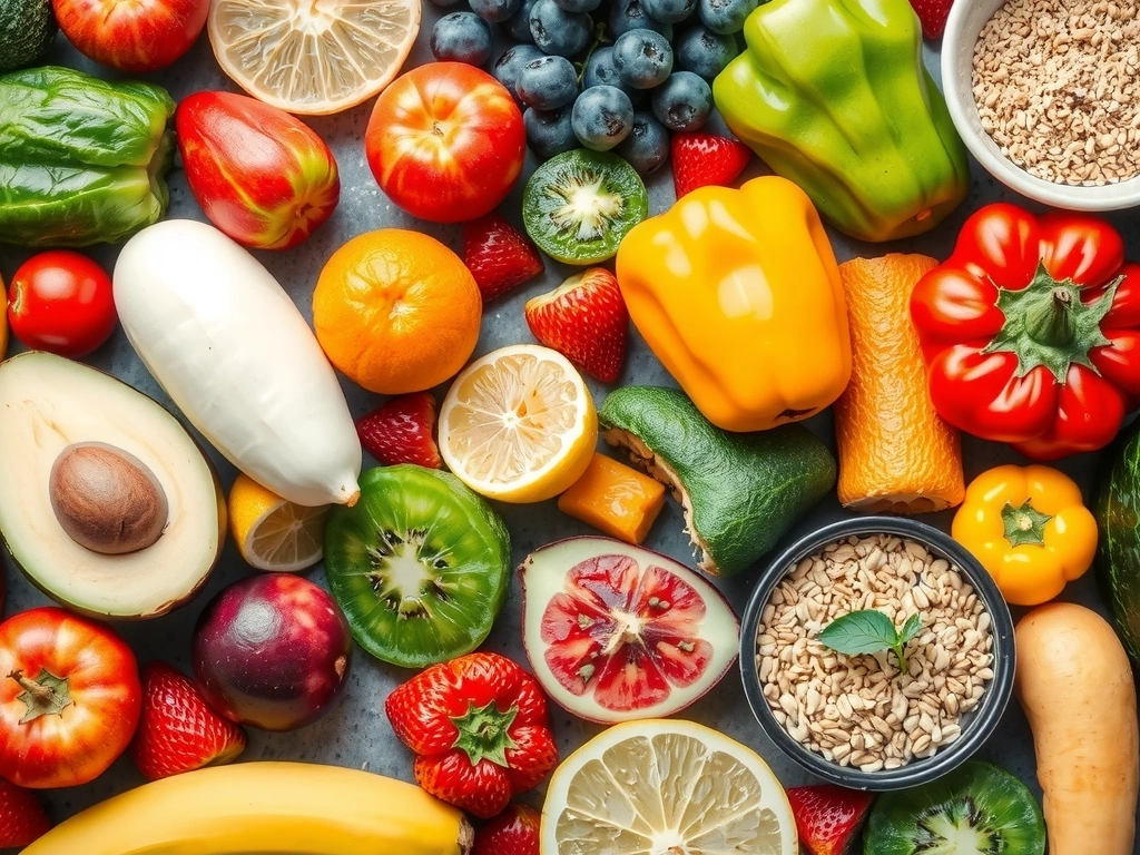 Variedad de alimentos frescos y coloridos como frutas, verduras y granos, simbolizando una dieta saludable