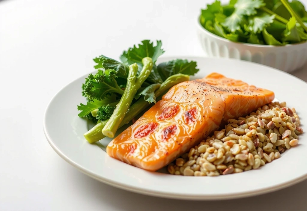 Plato de comida saludable con vegetales frescos, proteínas magras y granos enteros.