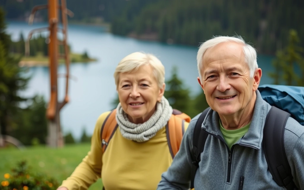 Una pareja mayor sonriendo y haciendo senderismo en la naturaleza, simbolizando una vida activa y feliz en la vejez.
