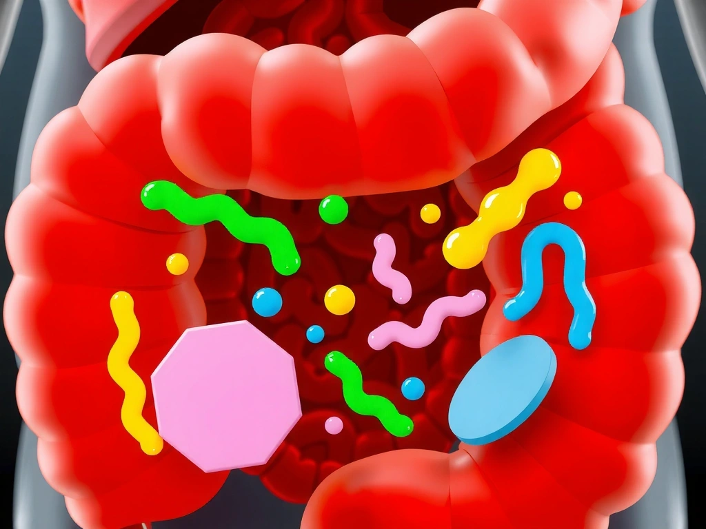 Microorganismos probióticos estilizados en un intestino humano, con colores vibrantes y formas abstractas, representando la flora intestinal saludable.