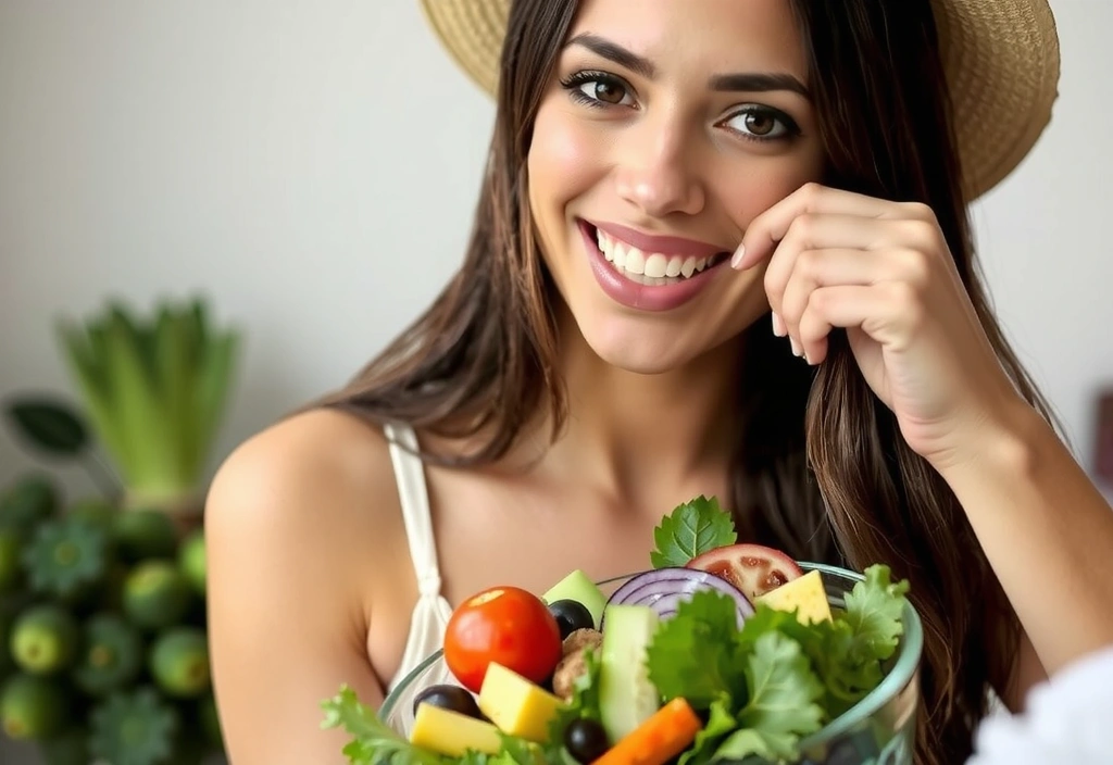 Mujer sonriendo y comiendo una ensalada fresca con una variedad de vegetales y frutas, simbolizando una dieta equilibrada y un estilo de vida saludable.
